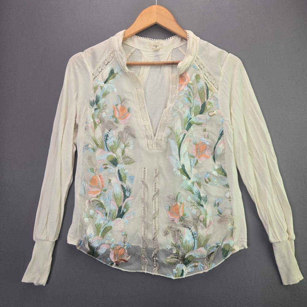 Tiny Anthropologie Blouse Embroidered Floral Mesh Lace Top S Cream Boho 72066T